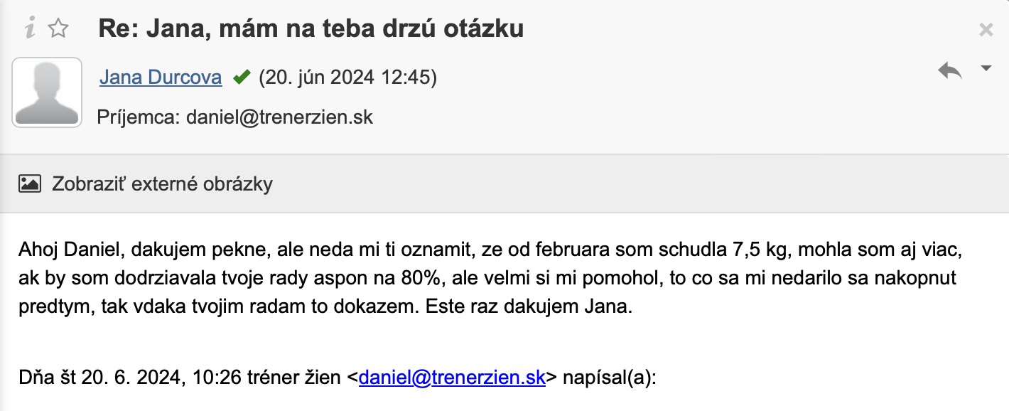 Referencia klientky Jana Ďurcová — originálny screenshot správy