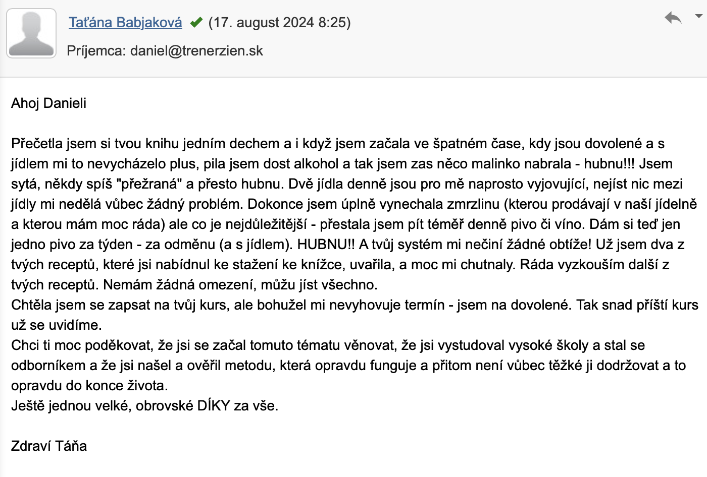 Referencia klientky Taťána Babjaková — originálny screenshot správy