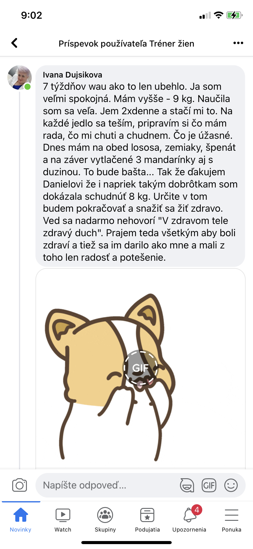 Referencia klientky Ivana Dujsíková — originálny screenshot správy