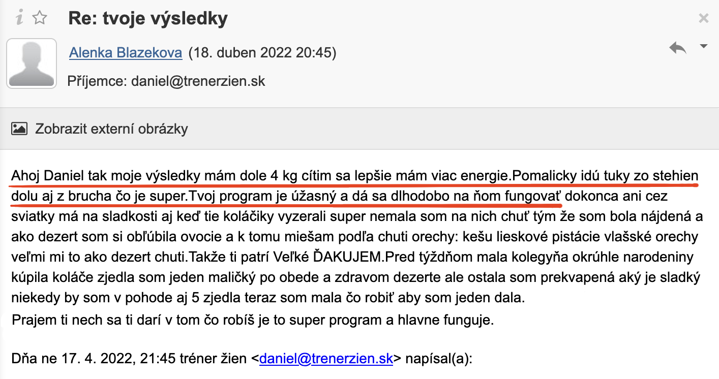 Referencia klientky Alenka Blažeková — originálny screenshot správy