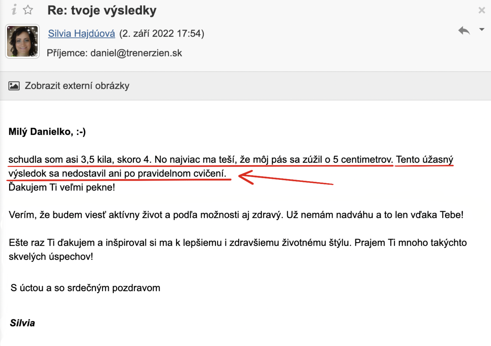 Referencia klientky Silvia Hajdúová — originálny screenshot správy