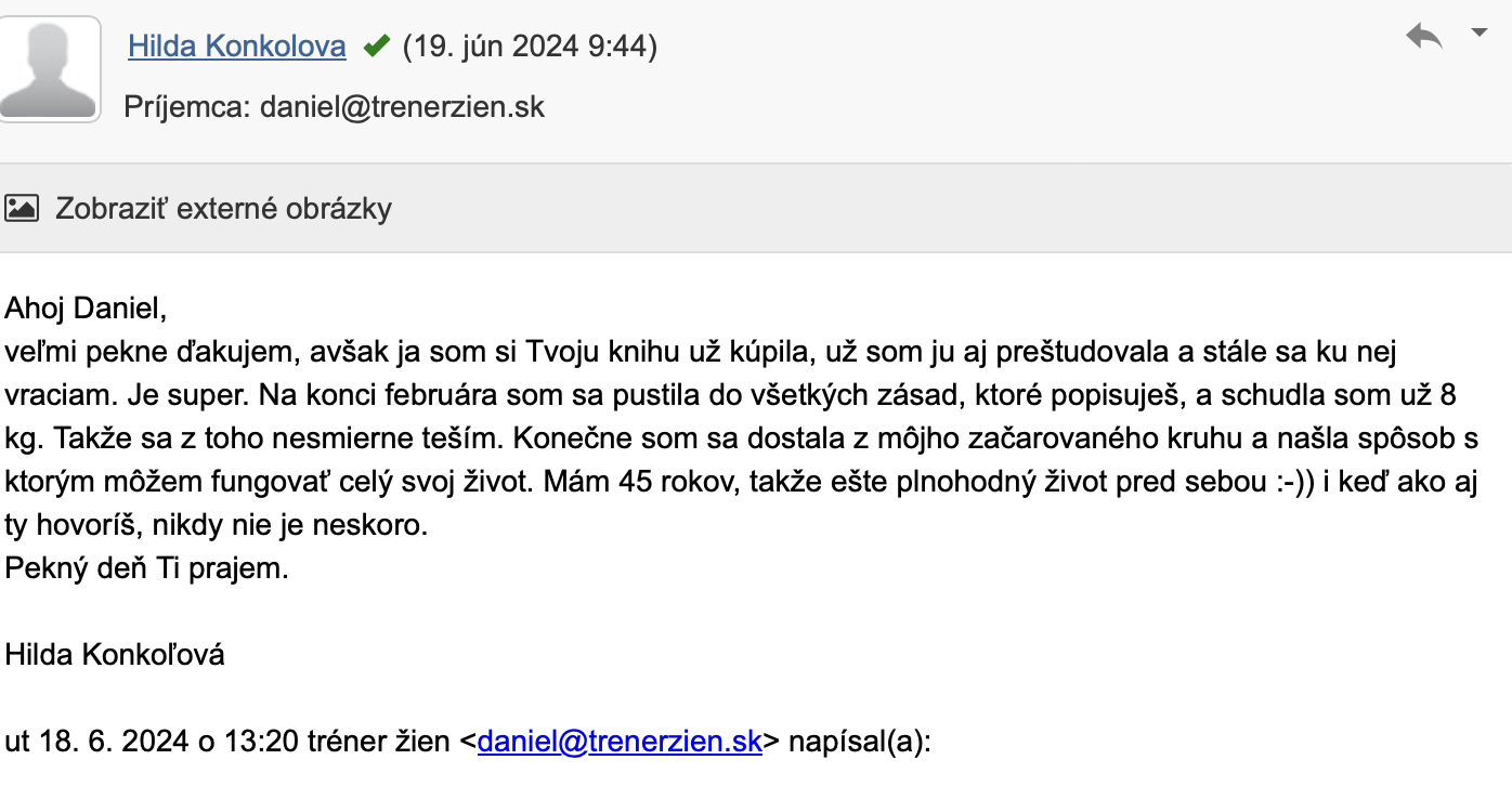Referencia klientky Hilda Konkoľová — originálny screenshot správy