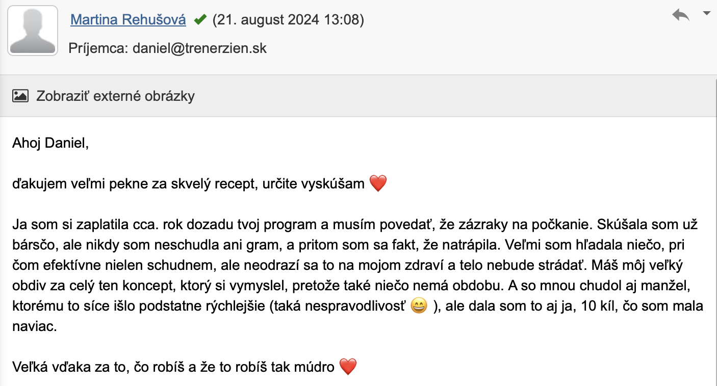 Referencia klientky Martina Rehušová — originálny screenshot správy