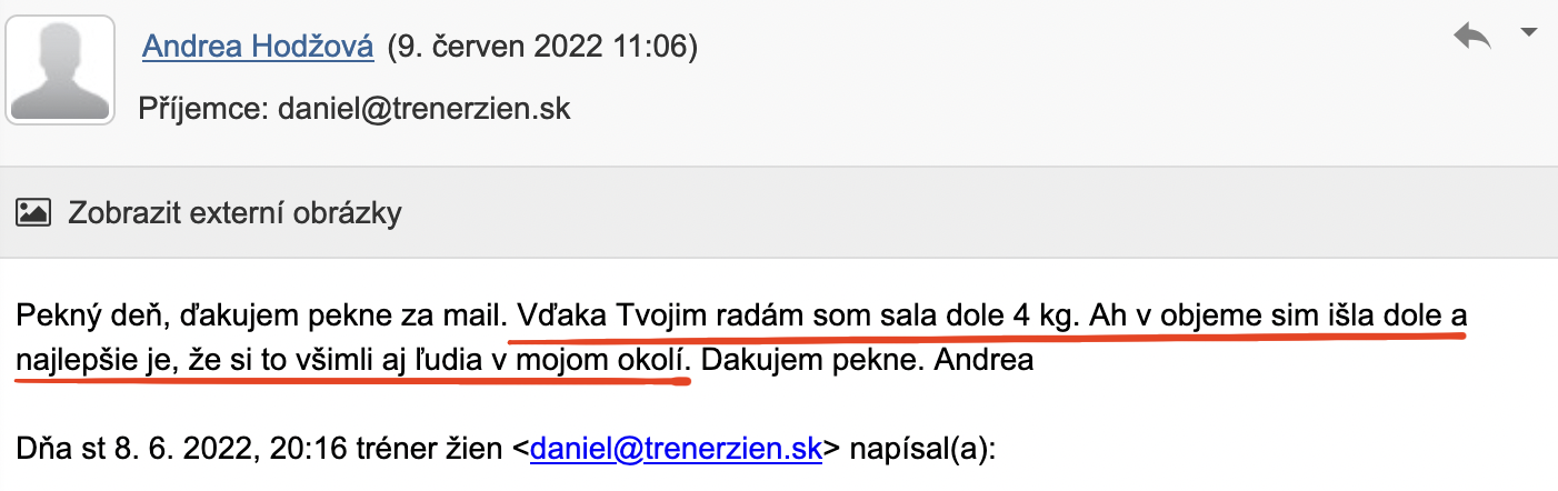 Referencia klientky Andrea Hodžová — originálny screenshot správy