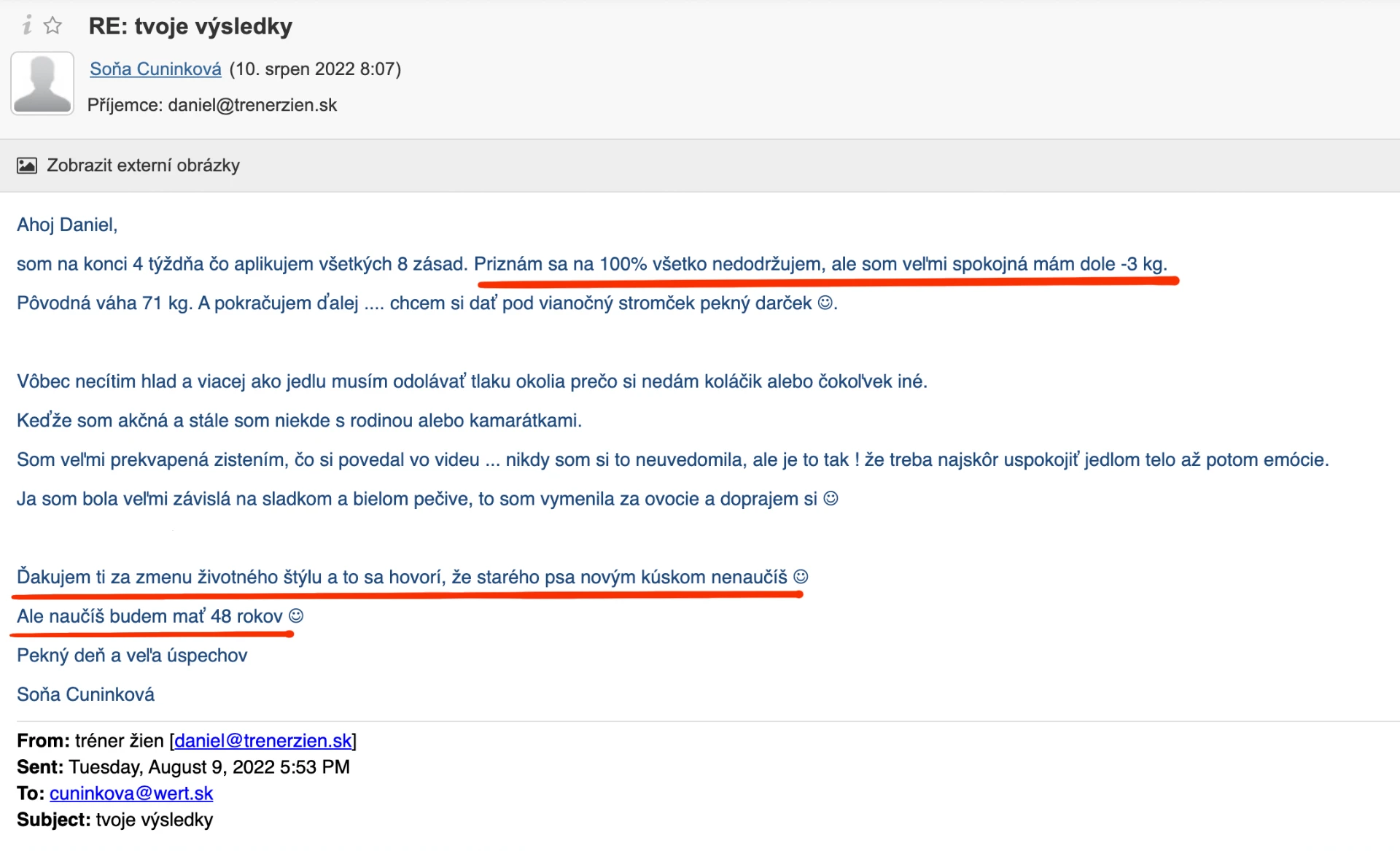 Referencia klientky Soňa Cuninková — originálny screenshot správy