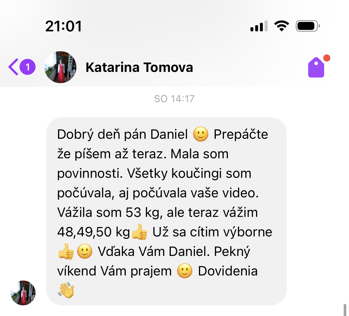 Referencia klientky Katarína Tomová — originálny screenshot správy