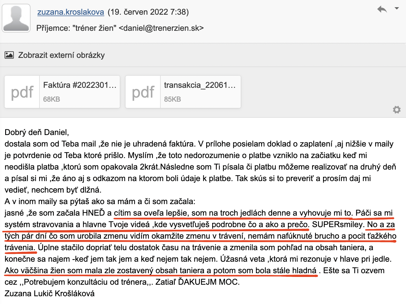 Referencia klientky Zuzana Lukič Krošláková — originálny screenshot správy