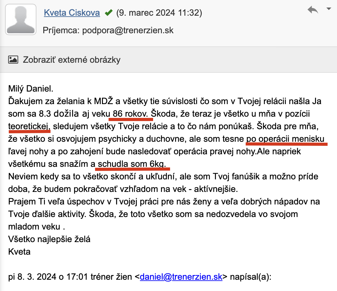 Referencia klientky Kveta Cisková — originálny screenshot správy