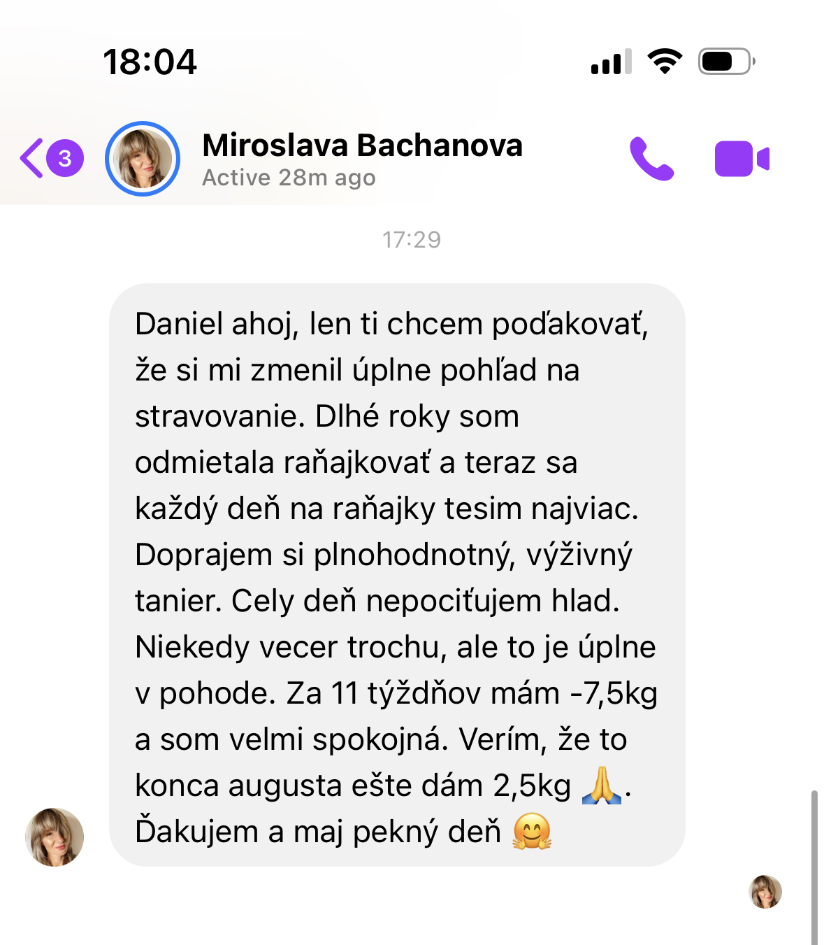 Referencia klientky Miroslava Bachanová — originálny screenshot správy