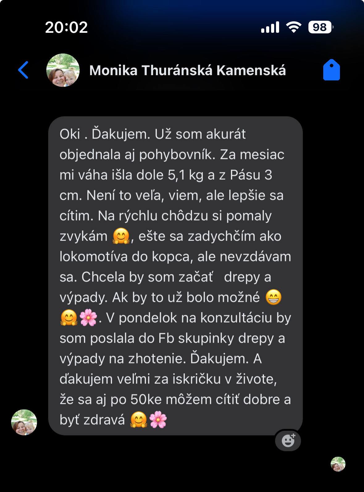 Referencia klientky Monika Thuránská Kamenská — originálny screenshot správy